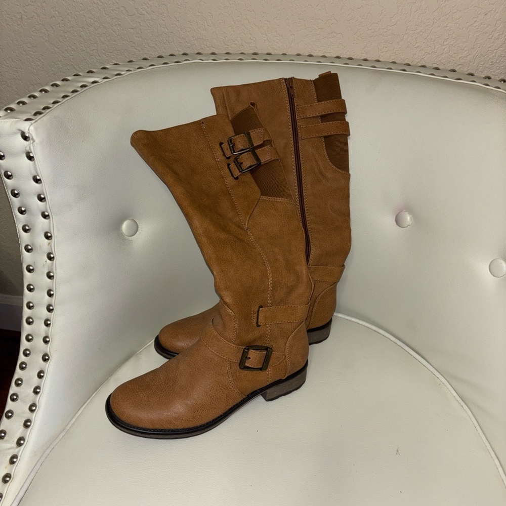 BareTraps Brown Heeled Boots with Buckle Design
